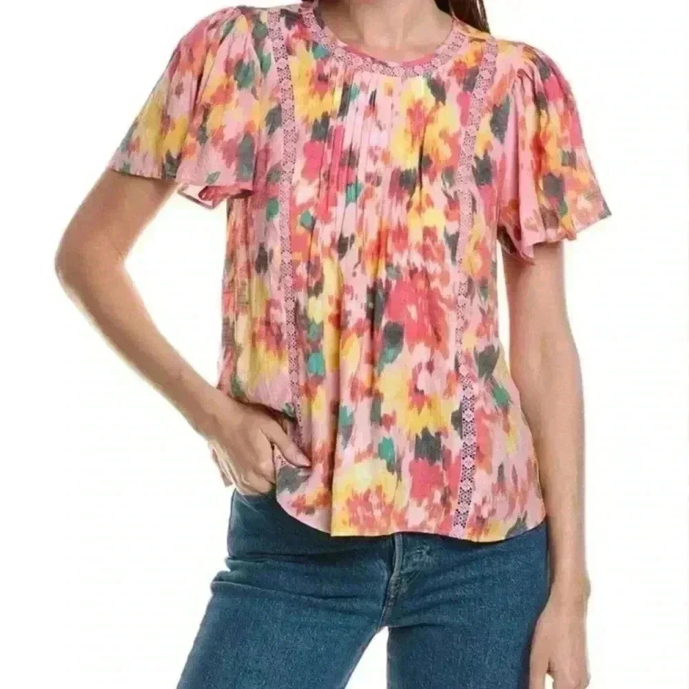 Nanette Lepore Floral‎ Patterned Flutter Sleeve Blouse Short Sleeve Pullover S